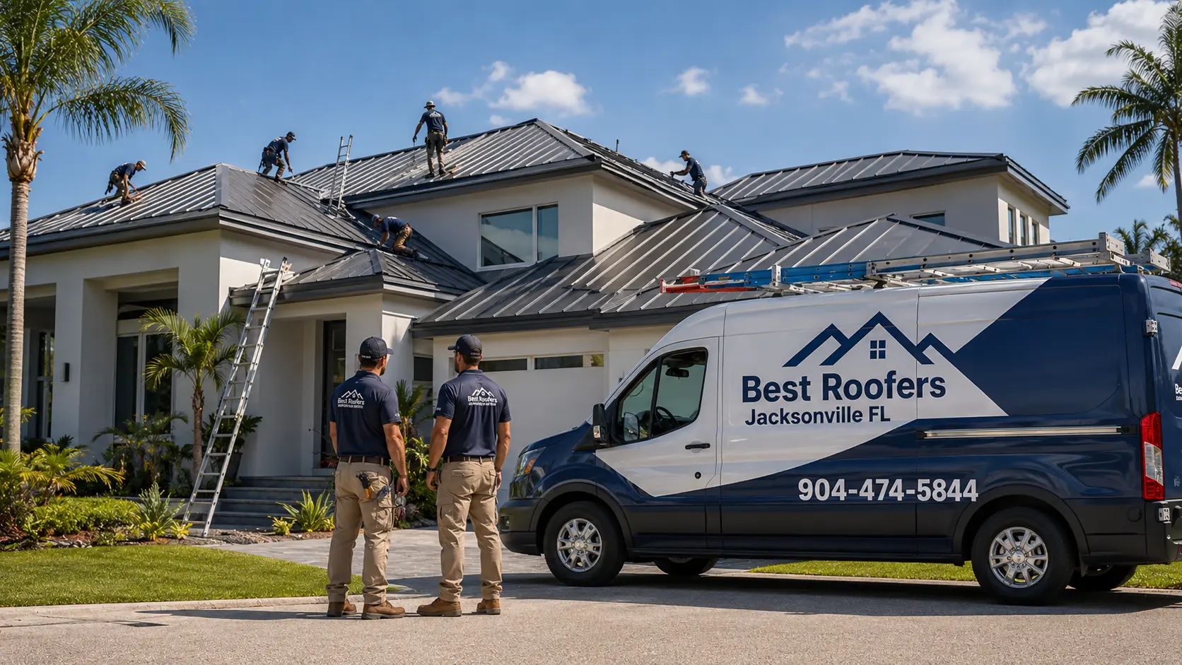 Metal roofing installation on a Northeast Florida home with the Best Roofers Jacksonville FL van parked nearby