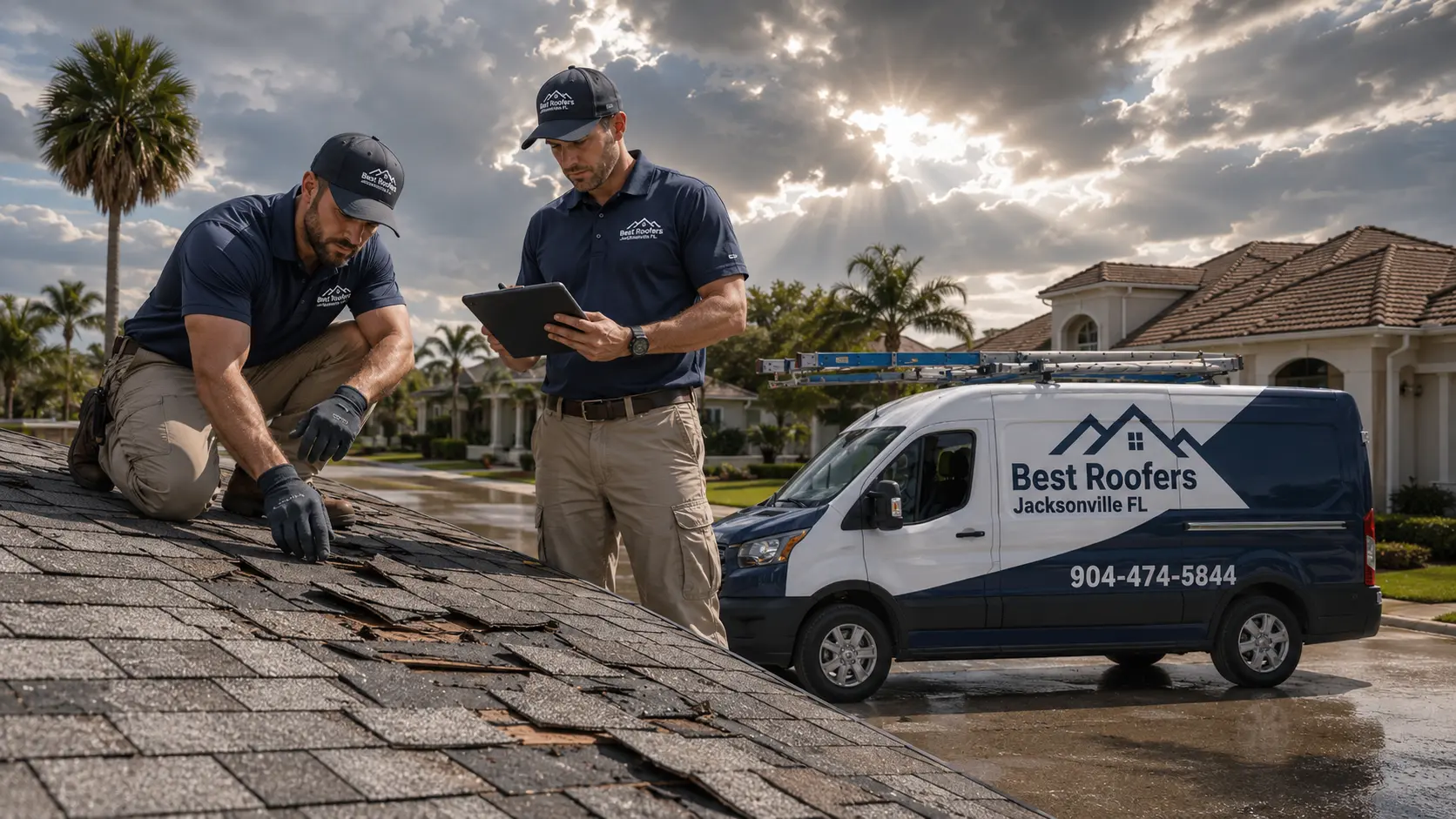 Roofing technician inspecting damaged shingles on a Jacksonville area roof after a storm