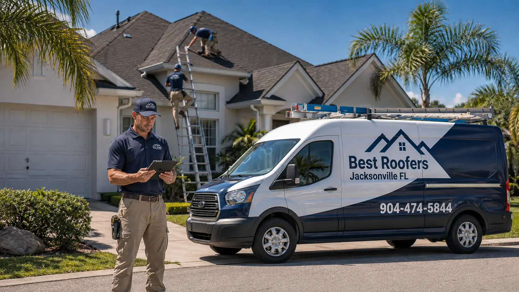Best Roofers Jacksonville FL crew inspecting a Jacksonville roof after storm damage