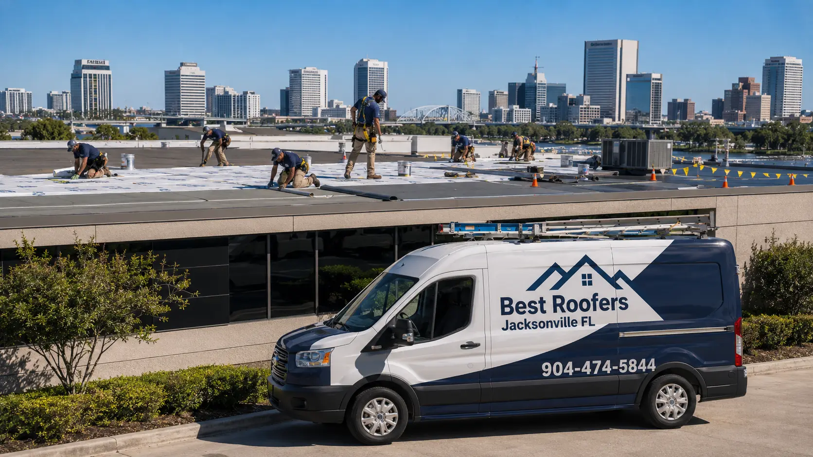 Commercial low-slope roofing work on a Jacksonville building with the downtown skyline in the background