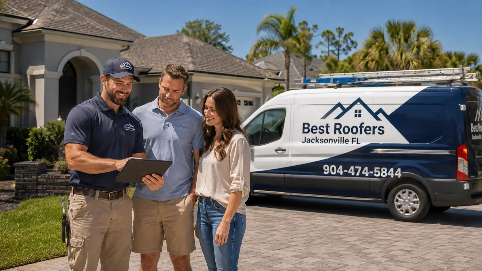 Best Roofers Jacksonville FL roofer reviewing options with a homeowner